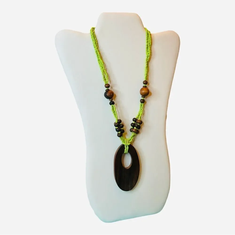 WOODEN NECKLACE WITH‎ GREEN SEED BEADS
